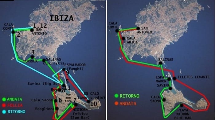 Mapa de Ibiza y Formentera - rutas de navegación.